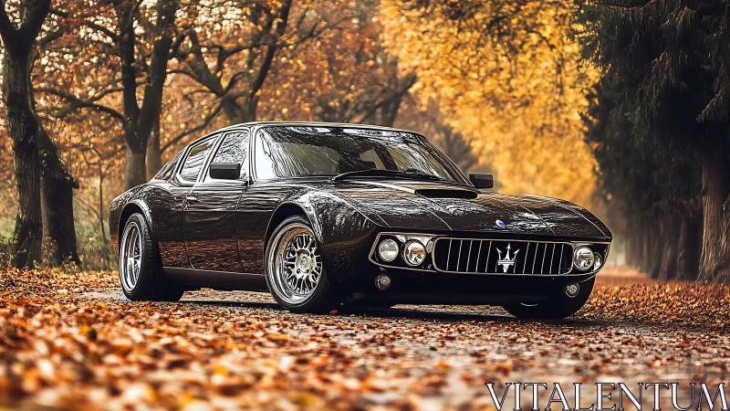 Maserati sports coupe in high-contrast autumn forest lighting.