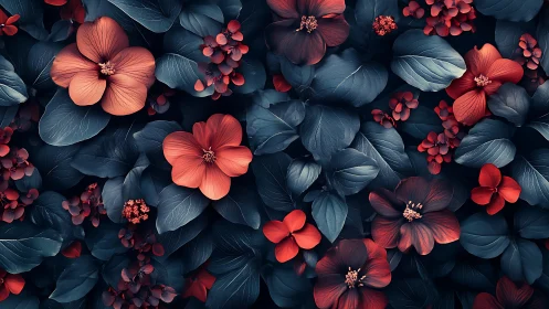Complex botanical arrangement combining coral and crimson florals with deep teal foliage layering