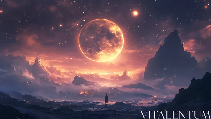 Massive glowing moon over misty alien mountain landscape.