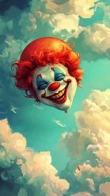 Clown balloon head floats among bright towering clouds