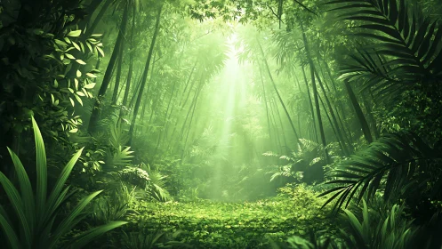 Sunlight Filters Through a Lush Bamboo Forest Sanctuary.