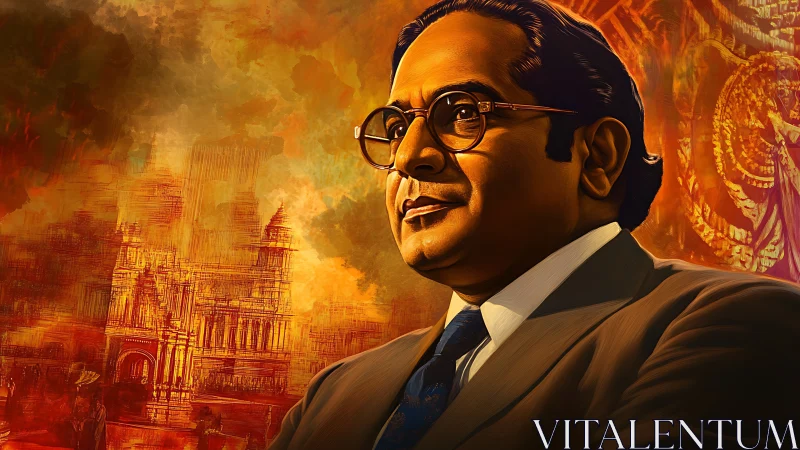 Digital portrait of suited leader with warm architectural backdrop.