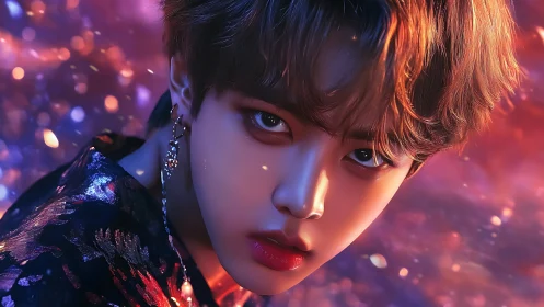 Starlit gaze of a neon dreamer wrapped in cosmic petals.