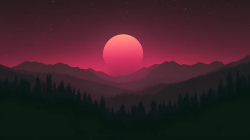 Neon pink moon over silhouetted pine forest ridges.