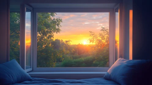 Sunrise landscape viewed through open bedroom window frame.