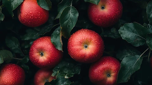 Red apples hang on wet green branches after recent rainfall