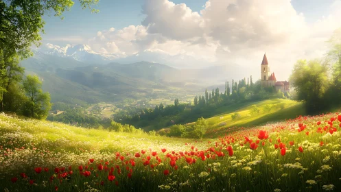 Sunlit alpine valley with tulip meadow and distant hillside chapel