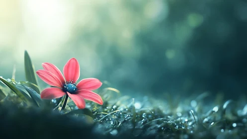 Pink Daisy Against Blurred Teal Background with Dew.