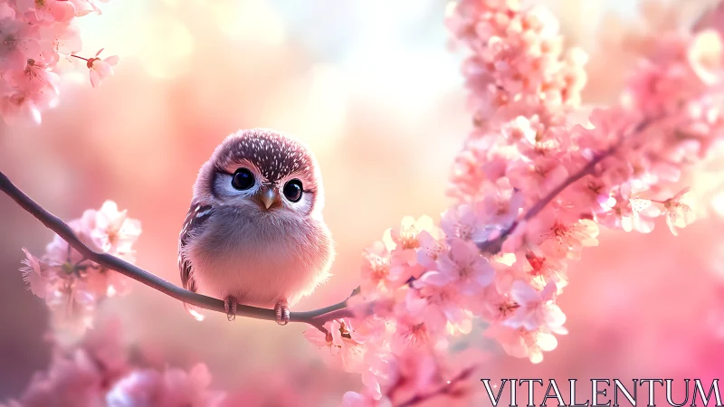 Blossom-perched baby owl glowing in soft pastel dawn hush.