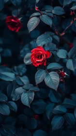 Red Roses with Blue Foliage in Dramatic Twilight.