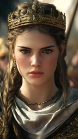 Medieval crowned woman in detailed regal attire portrait.