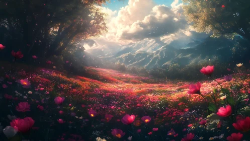 Luminescent wildflower valley under backlit alpine cloudscape