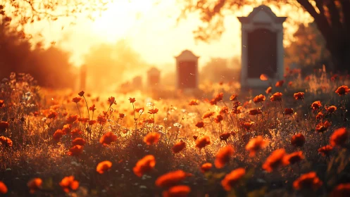 Sunlit poppy graves whispering in an amber farewell glow.