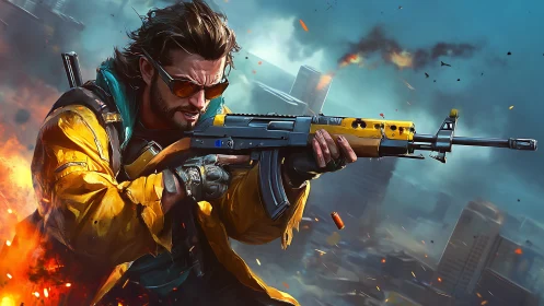 Dynamic urban shooter portrait in high-impact digital painting.