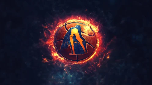 Inferno court emblem blazing from a cosmic basketball.