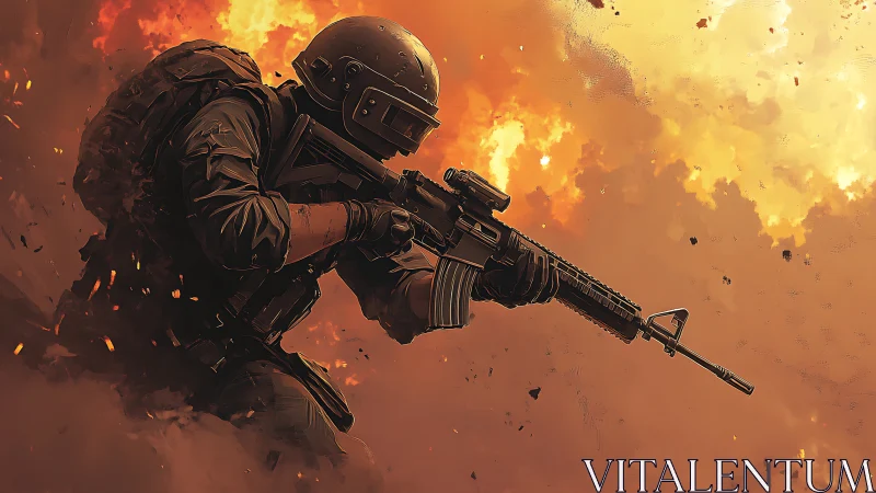 Armored soldier advancing through intense fiery explosion.