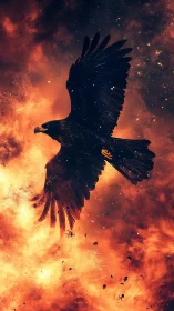 Raptor silhouette cuts through incendiary nebula backdrop