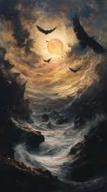 Moonlit storm channel where restless waters meet wild wings.