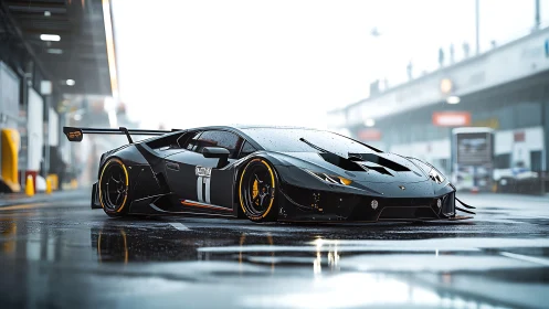 Stormlit track beast prowling a rain-slick futuristic pitlane.