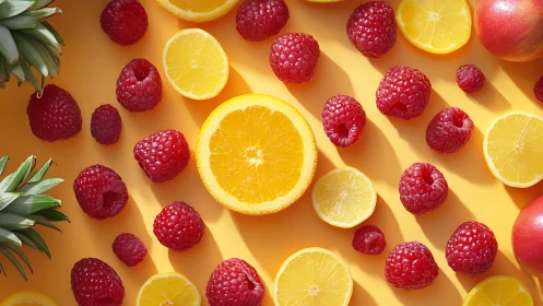 High-key overhead layout of citrus slices and fresh raspberries.