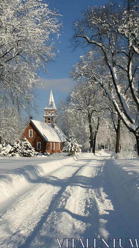 Snow covered country road leading to wooden chapel under blue sky