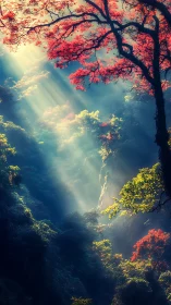 Sunlight Dancing Through Red Autumn Leaves and Blue Sky.