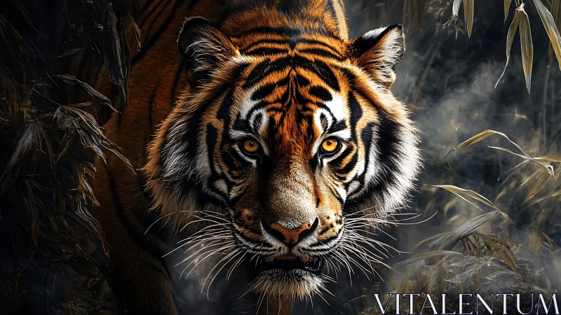 Predatory tiger emerging through misty jungle foliage.