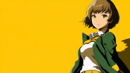 Female anime figure in green jacket against yellow field.