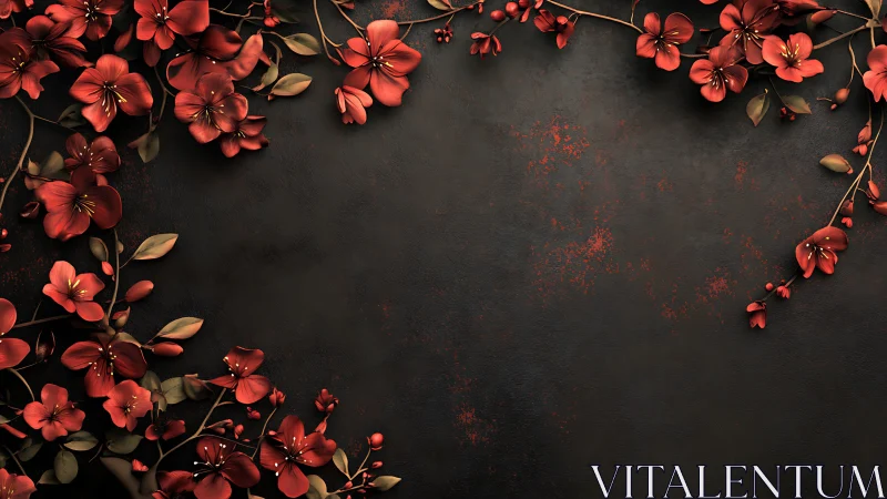 Crimson Floral Botanical Composition Against Charcoal Textured Background.