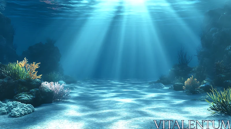 Sunlit shallow seafloor with coral outcrops and volumetric caustics.