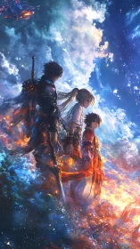 Triad of adventurers progresses through luminous nebular clouds