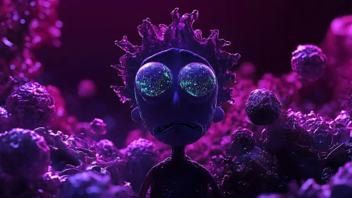 Glowing-eyed cartoon figure stands in neon alien landscape.
