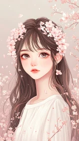 Gentle cherry blossom girl gazes softly through drifting petals