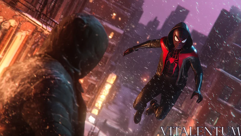 Masked hero confronts hooded figure in snowy city street.