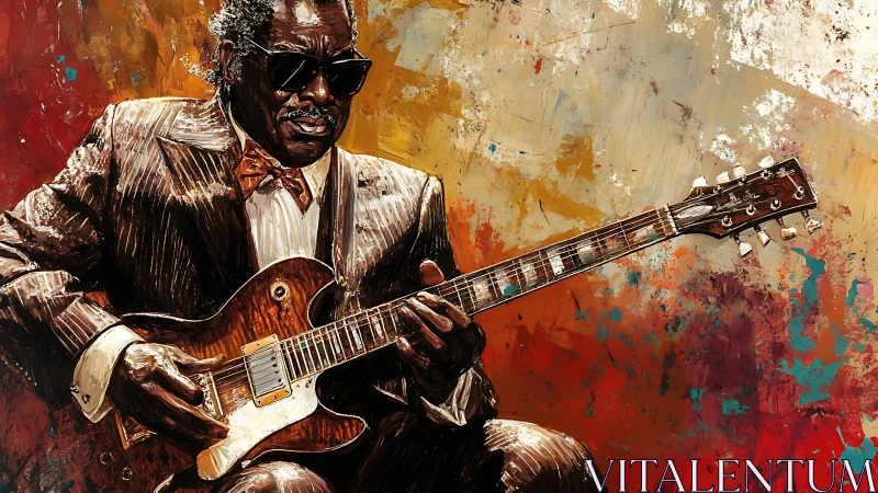Blues guitarist in vivid abstract strokes captures soulful sound.