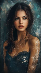 Moody blue portrait with textured grunge frame and gaze.