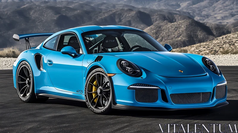 Blue Porsche 911 GT3 RS coupe stands on desert highway