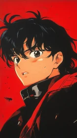 Black haired anime boy stares upward against vivid red backdrop