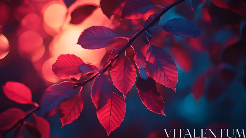 Crimson leaves glow against deep teal twilight bokeh.