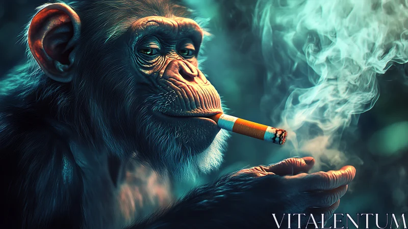Cinematic chimpanzee portrait with glowing cigarette smoke.