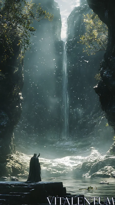 Lone cloaked wanderer gazes toward a misty hidden waterfall.