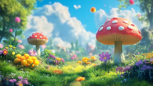 Playful toadstool meadow glowing with gentle fairy light.