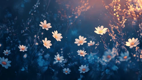 Luminescent Daisies in Ethereal Blue Night Garden.