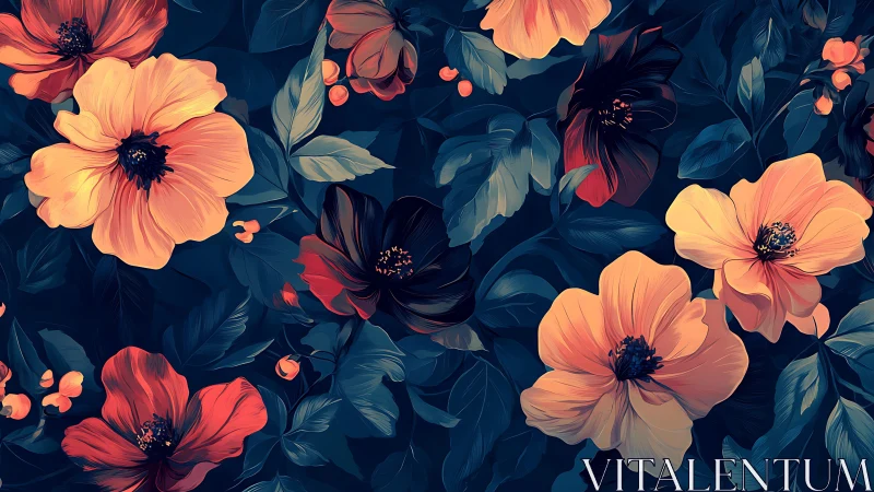 Luminous Florals Against Midnight: Warm Blooms in Deep Blue Night
