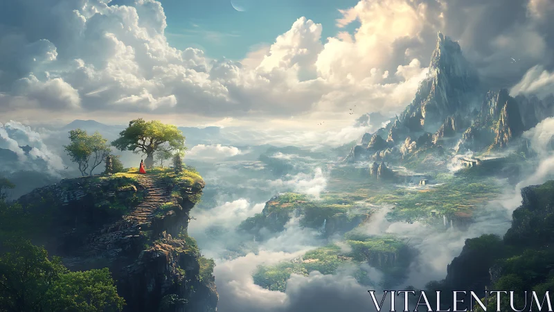 Contemplative Figure on Misty Cliff Overlooking Floating Islands.