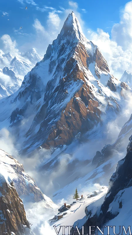 Towering snow peak looms above tiny winter explorers.