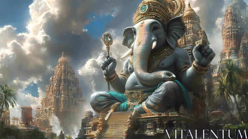 Colossal Ganesha statue amid ornate temple complex scene.