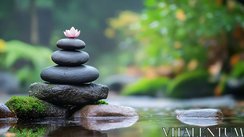 Zen stone stack with pink lotus in calm forest pool.