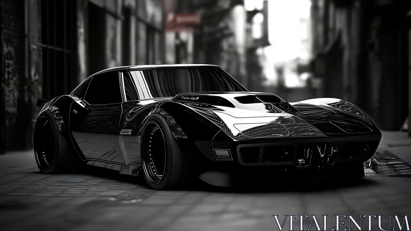Widebody black muscle car in shallow‑depth monochrome alleyway scene