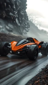 Futuristic orange hypercar powers along wet mountain road